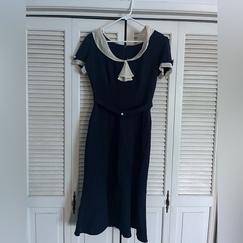 Pinup Blue and Cream Stop Staring Dress-SIZE LARGE